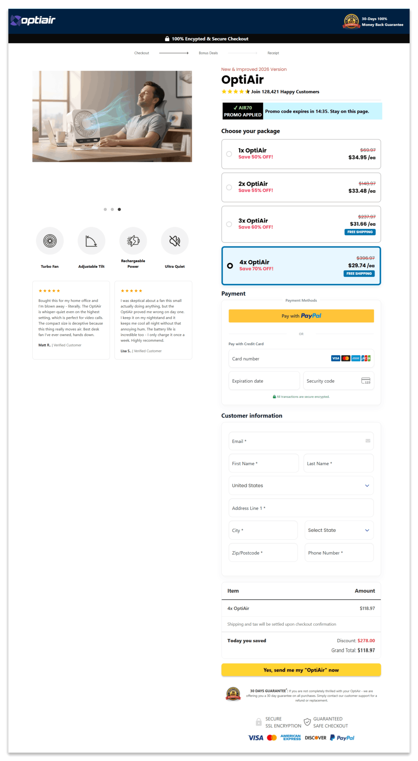 Optiair secure checkout page